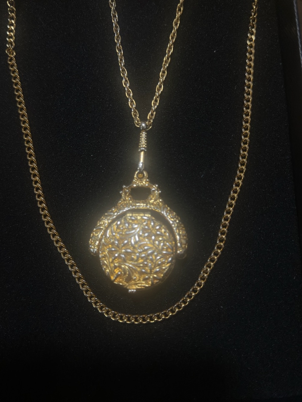 Vintage Goldette Victorian Revival Embossed Flower Locket Layered Necklace